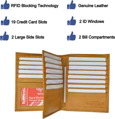 Vista 4 de MARSHAL Cartera de piel de primera calidad con bloqueo RFID, plegable, tipo hipster, para tarjetas de crédito, tarjetero (bronceado), Beige