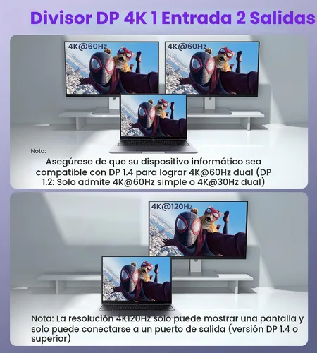 Vista 3 de [Usado] Adaptador divisor Displayport a Dual Displayport 4K @60Hz, adaptador divisor DP 1.4 1 en 2 salidas SST/MST pantalla extendida compatible