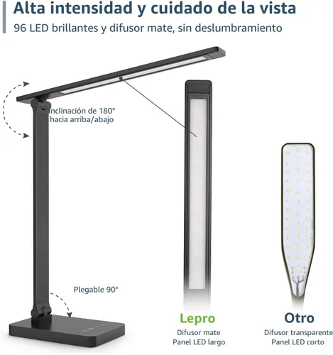 Vista 7 de Lámpara de escritorio LED Lepro con puerto de carga USB, lámpara de mesa regulable para el hogar y la oficina con control táctil para lectura, 650