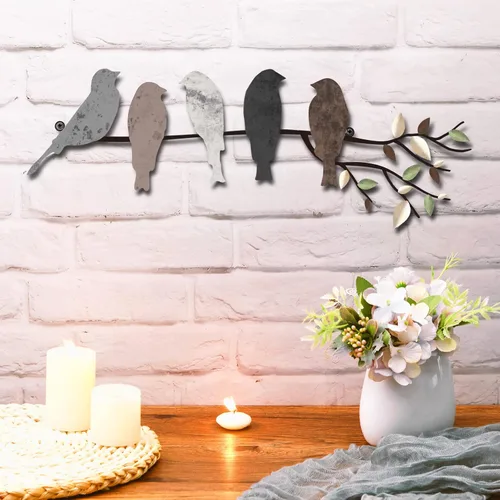 Vista 8 de Ferraycle Arte de pared de pájaro de metal, pájaros en rama con hojas, letrero de metal para colgar en la pared para balcón, jardín, decoración