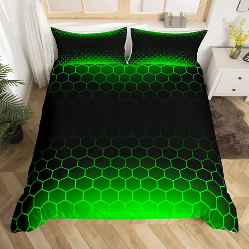 Vista 10 de Juego de ropa de cama geométrica de panal verde y azul, funda de edredón hexagonal estereoscópica para niños y niñas, funda de edredón hexagonal