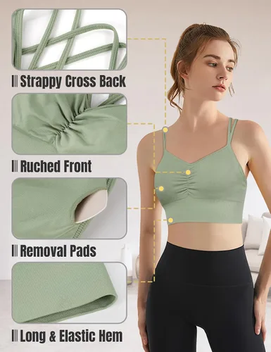 Vista 5 de VEQKING Brasier deportivo con tirantes para mujer, espalda cruzada, soporte medio, sin costuras, extraíble, acolchado, para yoga, entrenamiento