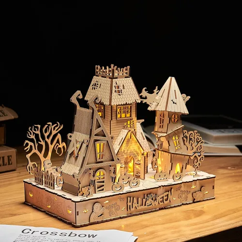 Vista 3 de Rompecabezas de madera 3D para Halloween, incluye tira de luz, rompecabezas y rompecabezas para Halloween/cumpleaños, regalos para adultos