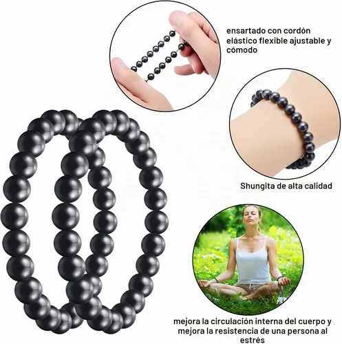 Vista 7 de Hicarer 2 pulseras de shungita negras con cuentas de shungita, piedras elásticas de cristal, joyería energética, poderoso defensor espiritual