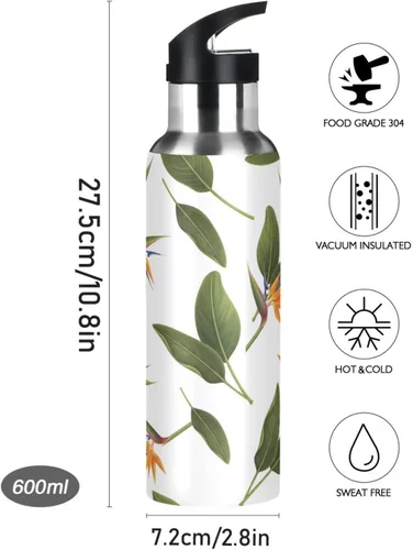 Vista 9 de BPA-Free Sport Water Bottle Insulated 32 Oz, Insulated Water Bottle for Gym Outdoor Travel School, Orange Flowers Green Leaves