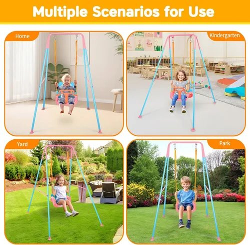 Vista 7 de Juego de columpios 3 en 1 para niños pequeños, columpio plegable con soporte, para interiores y exteriores, columpios multifuncionales para patio