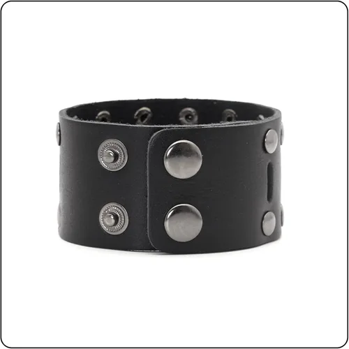 Vista 3 de Pulsera de cuero ancho hueco de doble fila de remaches punk rock