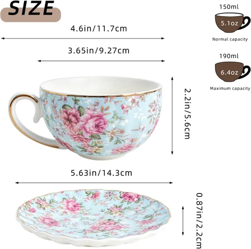 Vista 2 de Agyiuns Taza de té y platillos, tazas de té floral de 6.4 onzas con borde dorado, taza de té de porcelana, tazas de café capuchino espresso con Azul
