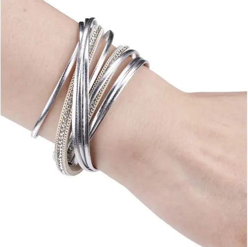 Vista 2 de Fesciory - Pulseras envolventes de cuero para mujer, brazalete con cuentas de cristal de leopardo, bohemia y multicapa