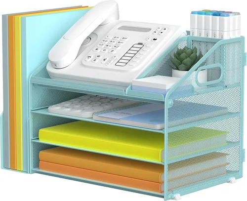 Vista 12 de DocNest - Organizador de archivos de 4 niveles con bandeja para cartas, organizador de escritorio de malla con asa, organizadores de escritorio