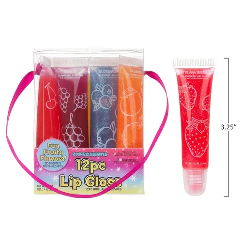 Vista 6 de EXPRESSIONS Juego de 12 brillos de labios saborizados a granel Tubos de compresión no tóxicos, seguros para niños para recuerdos de fiesta