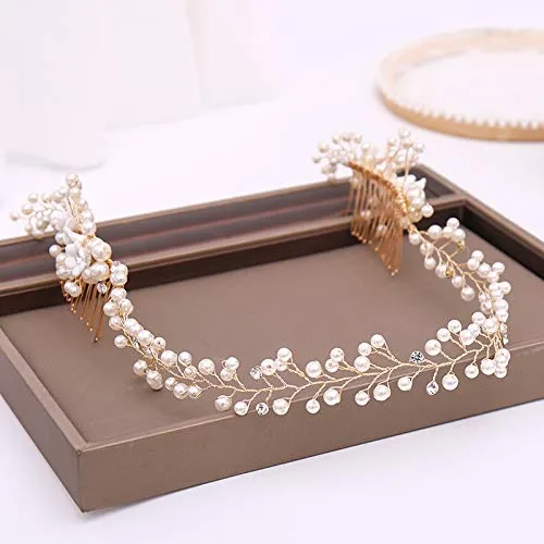 Vista 5 de Kercisbeauty Peines de pelo de perlas para mujer, para novia, color dorado, diadema de rosa, para graduación, ocasión especial, joyería