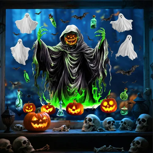 Vista 13 de Barri Design Calcomanías de pared de murciélago de Halloween, árbol de luna, bruja, calcomanías de pared extraíbles para Halloween, calcomanías