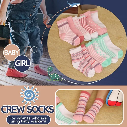 Vista 4 de ANTSANG Calcetines de algodón a rayas de unicornio para bebés, niñas y niños pequeños