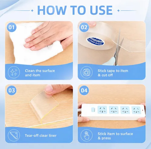 Vista 6 de ZOMPAGO Cinta de doble cara resistente (1.18 pulgadas x 9.84 pies), cinta de montaje nano transparente, tiras adhesivas impermeables de dos caras