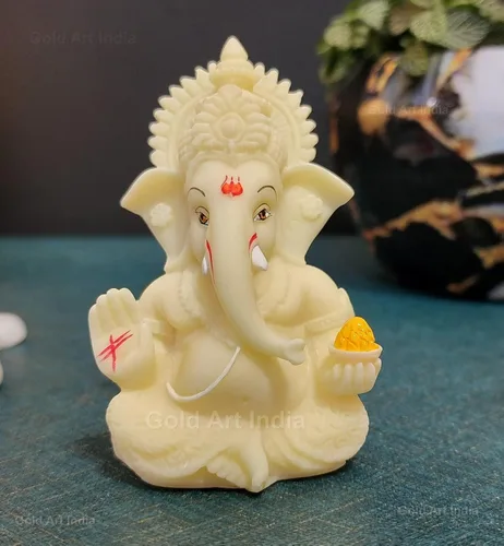 Vista 3 de Gold Art India Ídolo de cerámica de Ganesh para tablero de automóvil, ídolo de Ganesha Murti Ganpati para decoración del hogar, estatua de Puja Lord
