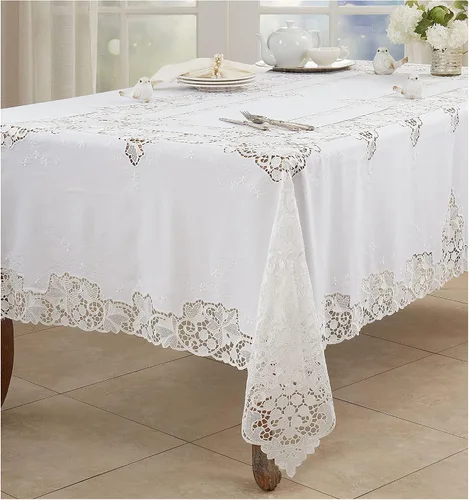 Vista 2 de Mantel de encaje de 100% poliéster color crudo para comedor o cocina, rectangular de 67 x 102 pulgadas (1 unidad)