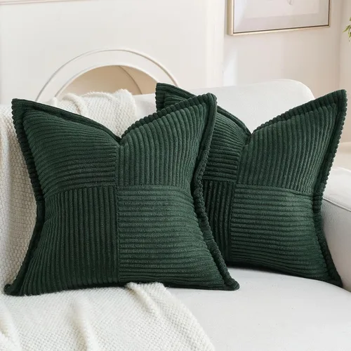 Vista 9 de HAUSSY Paquete de 2 fundas de almohada de 16 x 16 pulgadas, fundas decorativas de pana suave, estilo bohemio, a rayas, sólidas, decoración