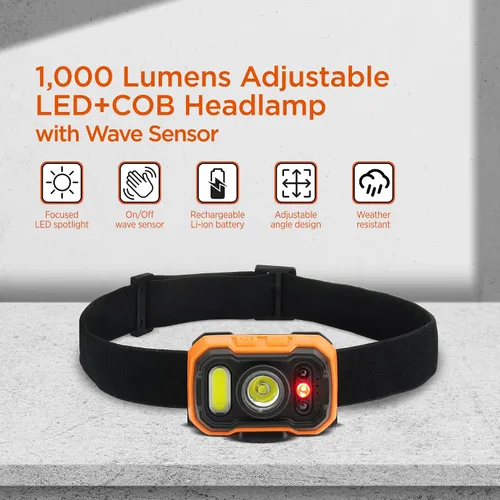 Vista 2 de BLACK+DECKER Linterna frontal recargable con sensor de onda, luz LED ultra brillante de 1,000 lúmenes, inclinación ajustable de 90°, 7 modos