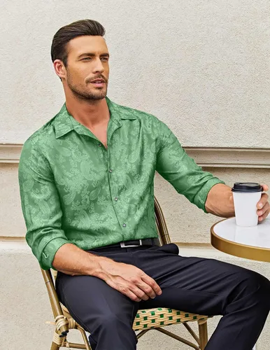 Vista 2 de COOFANDY Camisa de vestir de satén de seda para hombre, camisa de manga larga con estampado floral, camisas de cachemira con botones para bodas