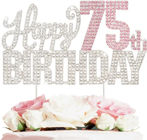 Vista 36 de Decoración de pastel de diamantes de imitación rosa y plateado con texto en inglés "Cheers to 11 Years Old Eleven Bday" de metal brillante