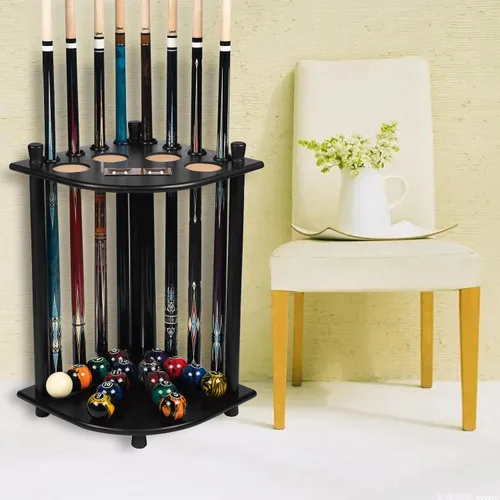 Vista 4 de Billmart Soporte para palo de billar, soporte de piso, estante de madera maciza para taco de billar, accesorios para mesa de billar (negro)
