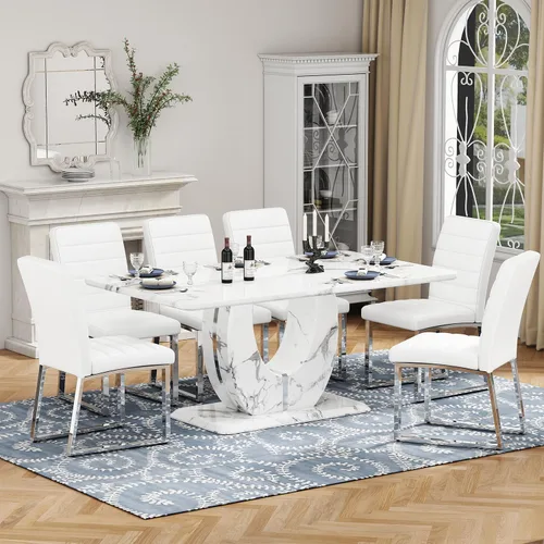 Vista 31 de Moderno juego de mesa de comedor de mármol sintético para 4, mesa de cocina rectangular blanca de 63 pulgadas con elegante base de pedestal