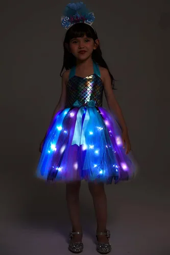 Vista 2 de Soyoekbt Girls Mermaid Costume LED Light Up Princess Tutu Dress for Halloween Birthday with Headband 3-8 Years