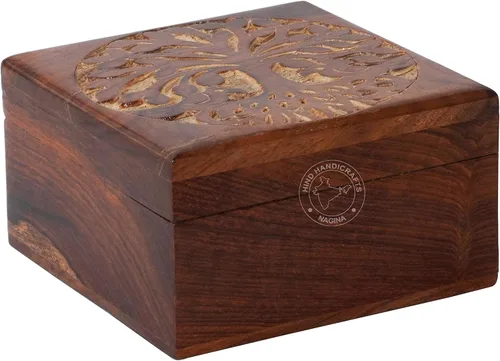 Vista 44 de Urna de madera antigua hecha a mano con grabado del árbol de la vida tallada a mano para mujeres y hombres, joyas Acentos de decoración del hogar