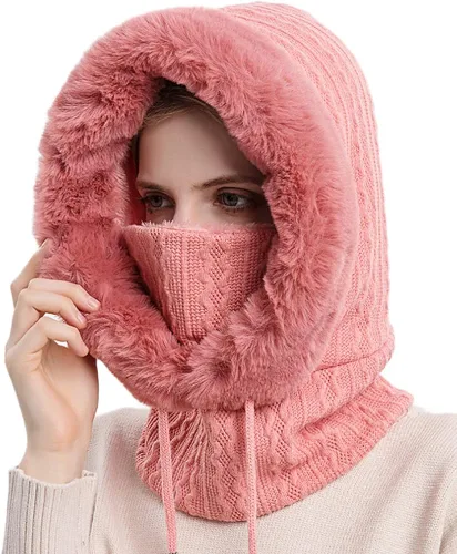 Vista 2 de Gorro de forro polar holgado de una pieza para mujer, bufanda con cordón, cálido, con capucha, pasamontañas de invierno