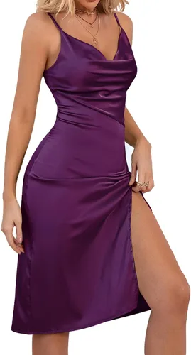 Vista 3 de LYANER - vestido de satén, para mujer, sin mangas, a media pierna con cuello drapeado, holgado y tirantes delgados, estilo camisola, con abertura