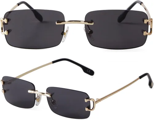 Vista 24 de Rimless Sunglasses for Men Women Small Narrow Rectangle Sunglasses 2 piezas: azul degradado+marrón degradado