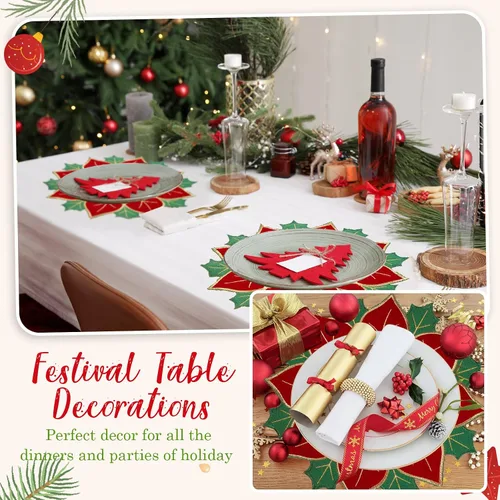 Vista 5 de Breling Juego de 6 Manteles Individuales de Navidad de Poinsettia de 16 Pulgadas Redondos Rojos y Verdes con Flores de Poinsettia, Manteles de Mesa