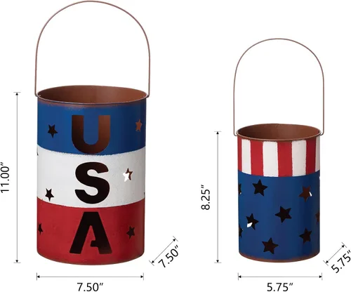 Vista 6 de Glitzhome Juego de 2 faroles patrióticos del 4 de julio, portavelas de metal patriótico con recortes de Estados Unidos, decoración de bandera