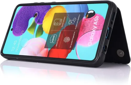 Vista 6 de Funda de teléfono para Samsung Galaxy A51 4G con protector de pantalla de vidrio templado y tarjetero con soporte para tarjetero, accesorios de Negro