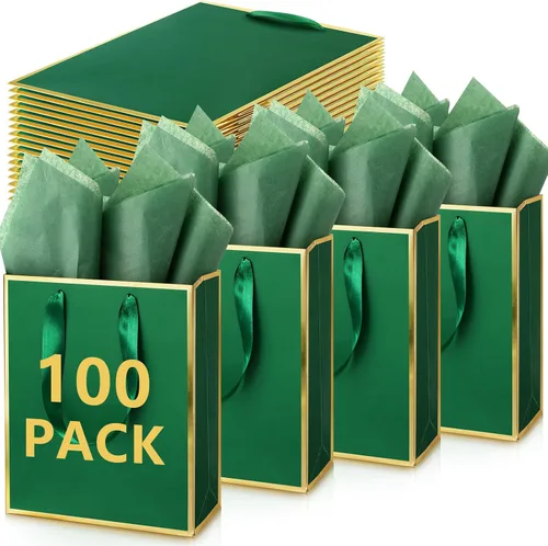 Vista 27 de Yeaqee Paquete de 100 bolsas metálicas de regalo con asa y papel de seda de papel de seda dorado para graduación, boda, padrinos de boda, regalos