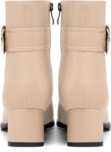 Vista 4 de MERRORI Botas altas de tacón bajo mate mate con cremallera y punta redonda para mujer, 2 pulgadas Beige