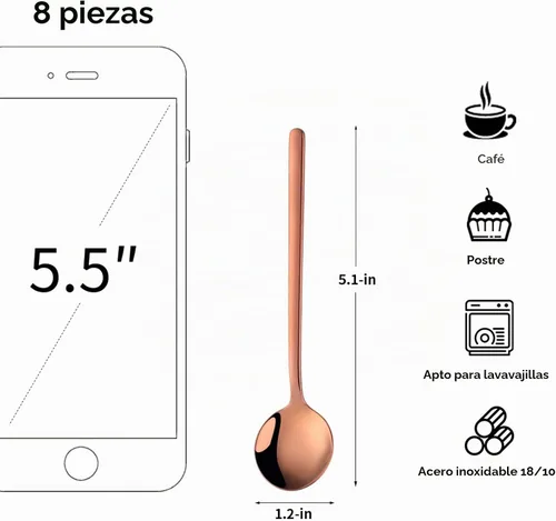 Vista 2 de Juego de 8 cucharas de café pequeñas de acero inoxidable 18/10 de oro rosa para té, postre, aperitivo, 5.1 pulgadas