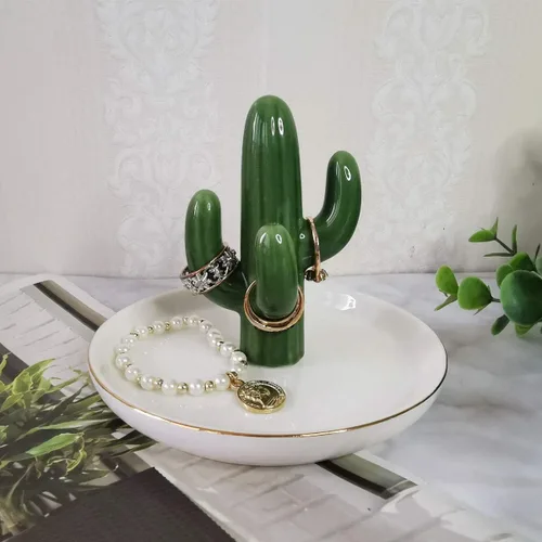 Vista 4 de AUTOARK Bandeja de joyería con soporte de anillo de cactus, AJ-206 Borde dorado
