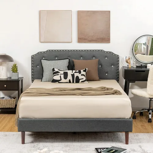 Vista 7 de Giantex Base de cama tapizada con cabecera ajustable, base de cama con plataforma suave capitonada de cristal con listones de madera, base
