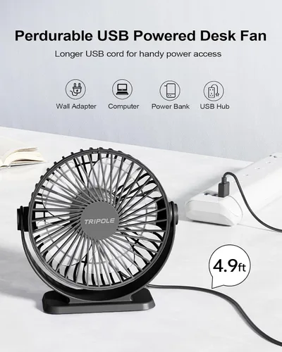 Vista 3 de TriPole Ventilador de escritorio pequeño alimentado por USB, ventilador portátil de 3 velocidades, mini ventilador de flujo de aire fuerte, rotación