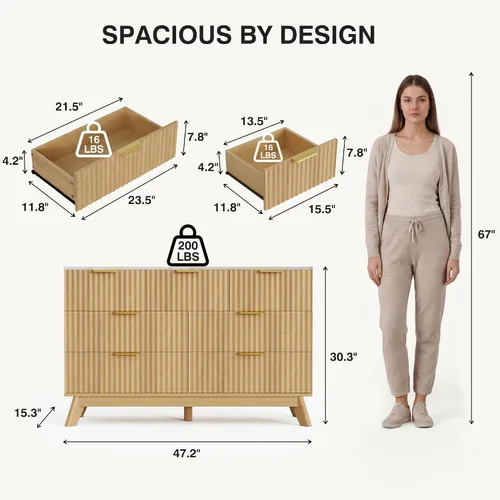 Vista 2 de JUMMICO Cómoda acanalada para dormitorio, 47.2 pulgadas de ancho Roble natural