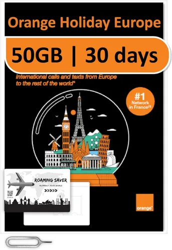 Vista 14 de Orange Holiday Europe Prepaid Sim 20GB Internet Data 30 días de uso Se permite la conexión de datos 30 minutos y 200 SMS de Europa a cualquier