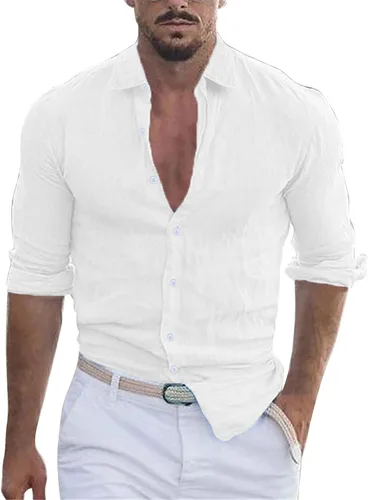 Vista 13 de Camisa de algodón y lino con botones para hombre, cuello de solapa de manga larga, estilo hippie casual para ropa de playa