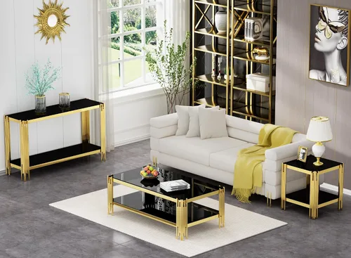 Vista 5 de SSLine Mesa de centro de cristal negro con marco de acero inoxidable dorado, mesa de centro rectangular de lujo de 2 niveles para sala de estar Café