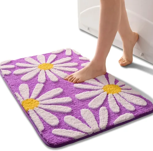 Vista 30 de QJHOMO Alfombra de baño beige con diseño de margaritas, decoración de flores blancas y amarillas, alfombra antideslizante de microfibra, súper