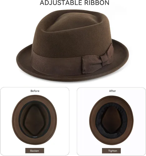 Vista 4 de AKIO&AQUIRAX Sombreros Fedora para hombres y mujeres, 100% lana australiana, sombrero Fedora para hombre con ala corta, fieltro clásico con correa