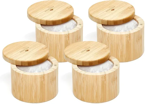 Vista 9 de RoyalHouse Soporte para sal y pimienta de bambú natural con tapa de bambú Bodega de sal con tapa giratoria magnética, caja de almacenamiento sana