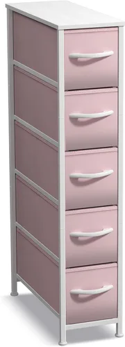 Vista 28 de Sorbus Cómoda estrecha con 4 cajones - cómoda de almacenamiento vertical delgada con marco de acero, parte superior de madera y contenedores de tela
