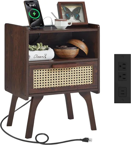 Vista 17 de Lerliuo Rattan Nightstand with Charging Station, Boho Night Stand Natural